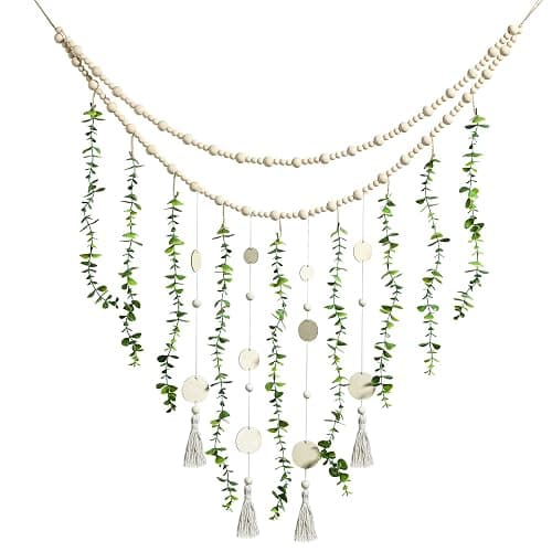 Hanging Eucalyptus Boho Wall Decor Large Boho Bedroom Wall Hanging Wooden Bead Garland Artificial Eucalyptus Natural Greenery Decoration, 36 x 36 Inch (Simple Color, Wood Chip Style) - Image 1