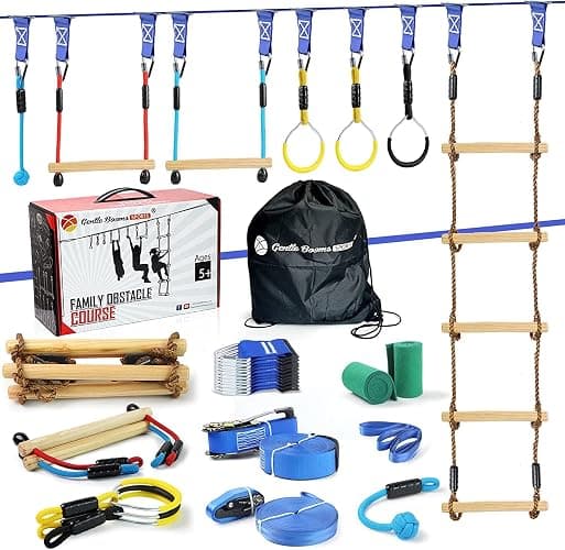 2×56ft Ninja Warrior Obstacle Course for Kids - 600 lbs Weight Capacity, Slackline Obstacle Course with 8 Ninja Accessories - Monkey Bar, Rope Ladder, Gymnastic Ring, Arm Trainer and Monkey Fist - Blue Line 8 Obstacles(wood) - Image 1