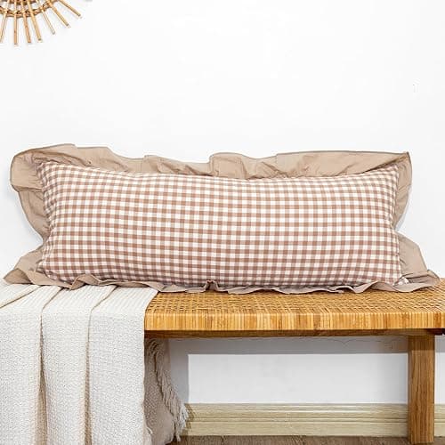 JoraLion 14x36 inch Scalloped Lumbar Pillow Cover, Khaki Ruffle Cotton Throw Pillow Cover Gingham Buffalo Decor Farmhouse Soft Cushion Case for Couch Sofa Bed Living Room, ONLY 1 Cover - Image 1