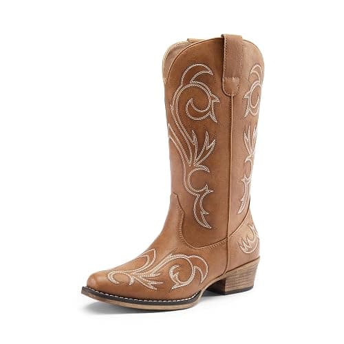 DREAM PAIRS Women's Cowboy Boots Mid Calf Cowgirl Boots Square Toe Chunky Heel Embroidery Stitched Western Boots - Image 1