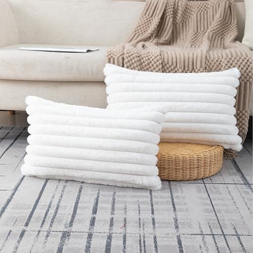 ZLINA Set of 2 Cream White Faux Fur Decorative Throw Pillow Covers Fluffy Striped Pillowcase Cushion Covers 12 x 20 Inch Decor Sofa Couch Bedroom - Cream White - 12 x 20-Inch - Image 1
