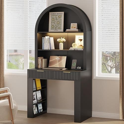 ZKIODV Arched Writing Desk with Hutch, Home Office Desk with 2 Drawers, Secretary Desk with Outlets, 3 Color LED Lights, Open Shelves, Computer Desk for Small Space, Bedroom 35.4" W x 70.8" H (Black) - Image 1