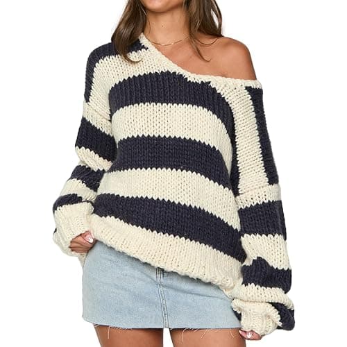 Women Y2K Striped Oversized Sweater Crewneck Long Sleeve Vintage Aesthetic Knit Pullover Tops Teens Cute Preppy Sweater - Image 1