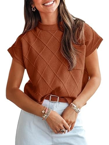 Saodimallsu Womens Summer Mock Neck Sweater Cap Sleeve Lightweight Sweater Vest Casual Loose Knit Pullover Tank Tops - Image 1