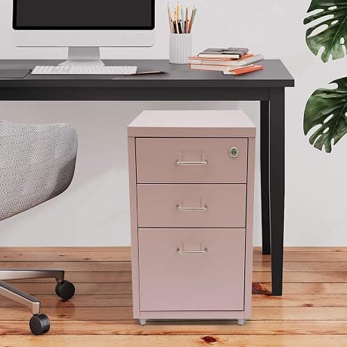 Tapischion 3-Drawer Metal File Cabinet, Mobile File Cabinet with Lock, Rolling Vertical Filing Drawers Under Desk for Home Office, 11 * 16 * 18.3in (Light Pink) - Image 1
