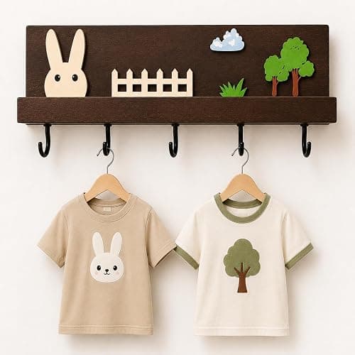 Raoletin Wooden Kids Coat Hooks Wall Mounted with 6 Hooks, No Drill Cute Bunny Woodland Theme Coat Rack, Glue-On Nursery Decor Hanger for Coats, Hats, Backpacks, Towels, Bedroom & Playroom - Image 1