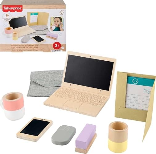 Fisher-Price Wood Pretend Play Work from Home Set, 9-Piece Office Playset with Wooden Toy Laptop & Phone for Preschool Kids Ages 3+ Years - Image 1