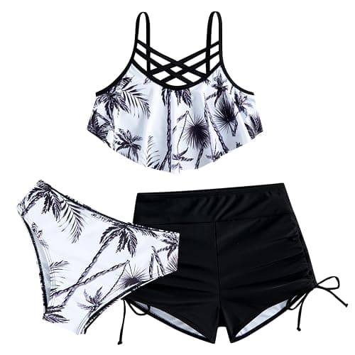Taubow Girls Swimsuit Kids Bathing Suit 3 Pieces Bikini Set with Shorts Adjustable Swimwear 7-13 Years - 11-12 Years - Black Palm - Image 1