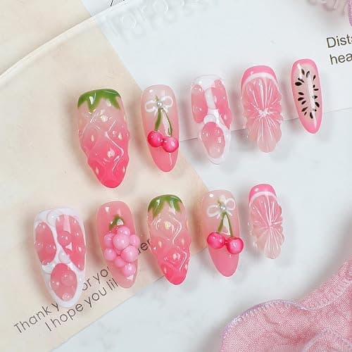 24Pcs Summer Fruit Press on Nails Almond Long Fake Nails with 3D Cherry Strawberry Designs Glossy Pink False Nails Summer Glue on Nails Full Cover Acrylic Stick on Nails for Women Girls DIY Decoration - Image 1