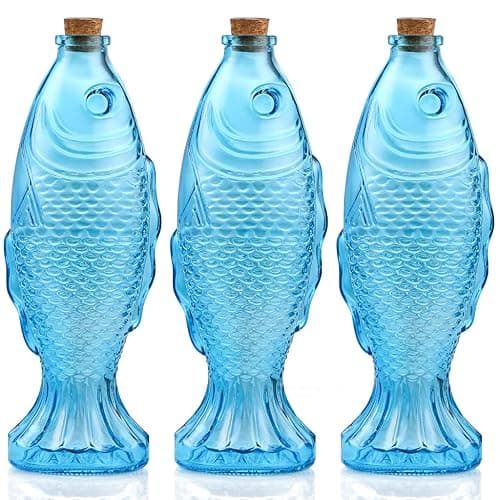 MDLUU 3-Pack Fish Shaped Glass Bottles, Decorative Bottles with Cork Stopper, Fish Decanters for Gift, Bar, Home Decor, Capacity 500ml/17.5oz (Blue) - Image 1