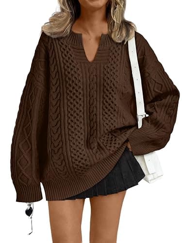 Trendy Queen V Neck Oversized Cable Knit Sweaters for Women Trendy 2025 Fall Fashion Outfits Clothes Winter Clothing - Image 1