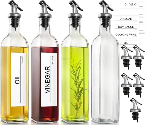 GMISUN Olive Oil Dispenser for Kitchen, 4 Pack 17 fl oz Glass Oil Dispensers Bottle, Cooking Soy Sauce Bottle Container Cruet with Plastic Pourer Spout, Funnel and Labels, Clear - Image 1