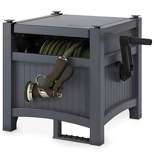 Suncast Garden Hose Hideaway Storage Reel Box, Cyberspace Grey – Resin Outdoor Container, Holds up to 100 Feet of 5/8 Inch Standard Vinyl Water Line – No Assembly Required - Image 1