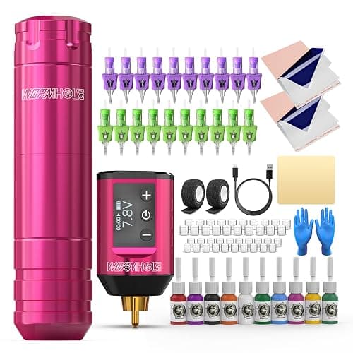 Wormhole Tattoo 79PCS Wireless Tattoo Practice Gun Kit - Battery Pack 1,500mAh Capacity, 20PCS Tattoo Needles, LED Digital Display - Professional Equipment for Beginners and Tattooist - Pink - Image 1