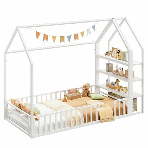 LIKIMIO Twin Bed Frame, Metal House Floor Bed Frame with Storage, Fence Guardrails, No Box Spring Needed, Space Saving for Bedroom and Dorm, Easy Assembly, White - Image 1