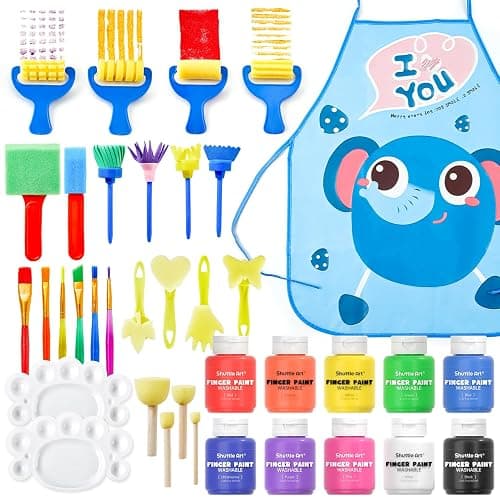 Shuttle Art Washable Finger Paints Set, Kids Paint Set - 37 Pack with 10 Colors (60ml), Paint Brushes, Sponge, Palette, Smock, Non-Toxic for Toddlers - Image 1