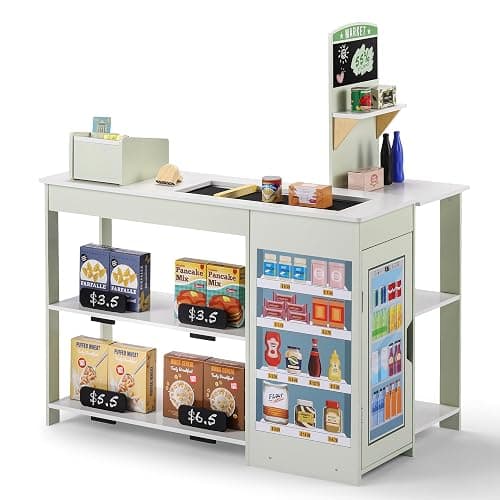 SainSmart Jr. Grocery Store Pretend Play, Wooden Play Store with Cash Register, Chalkboard, Cooler, Play Food Accessories, for Toddlers Aged 3+, Light Sage Green - Image 1