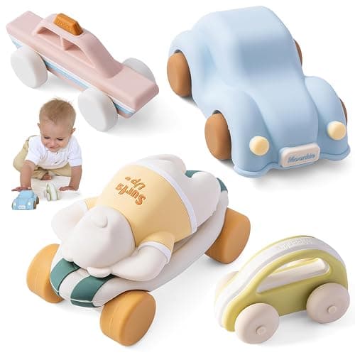 Moonkie Food Grade Silicone Toy Cars for Toddlers 1-3, Push and Go Baby Car Toys 6-12 Months+, One-Piece Design Infant Toys, Birthday Gifts for 1 Year Old Boy Girl, Easy to Clean & Grasp, 5 Pack - Image 1