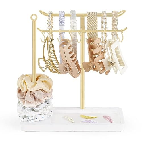 Dahey Headband Holder Metal Hair Accessories Organizer Storage Claw Clip | Multifunctional Stand Display Scrunchies Hairband, Gold Stylish Bedroom Dorm Bathroom Vanity Decor for Girls Women, Wood Base - Image 1