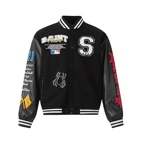 Arnodefrance Men Saint Savior Graphic Print Varsity Jacket Vintage Baseball Jackets streetwear Coats - Large - Black - Image 1
