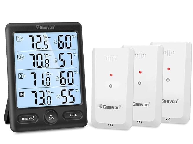 Geevon Indoor Outdoor Thermometer Wireless 3 Remote Sensors, 5-Inch Display Digital Hygrometer Thermometer Temperature Humidity Monitor with 8S Backlight, Battery-Powered (Black) - Image 1
