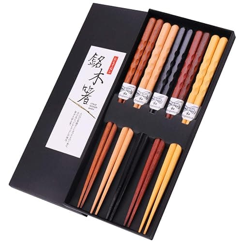 GLAMFIELDS Reusable Chopsticks Japanese Natural Wooden 5 Pairs Classic Style Lightweight Hand-Carved Safe Chop Sticks 8.8 Inch/22.5cm Gift Set - Image 1