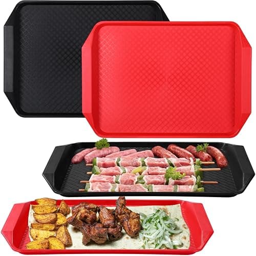 Doublefill Set of 4 Grilling Prep and Serve Trays, 17x12 in Black Red | Large BBQ Platter for Raw and Cooked Food, Cooking Meat Plastic Grilling Trays, Stackable Defrosting Prep and Carry System - Image 1