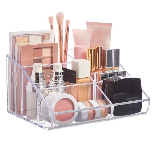 STORi Clear Plastic Vanity Makeup Organizer | 6-Compartment Holder for Brushes, Eyeshadow Palettes, & Beauty Supplies | Curved Front Design | Made in USA - Image 1