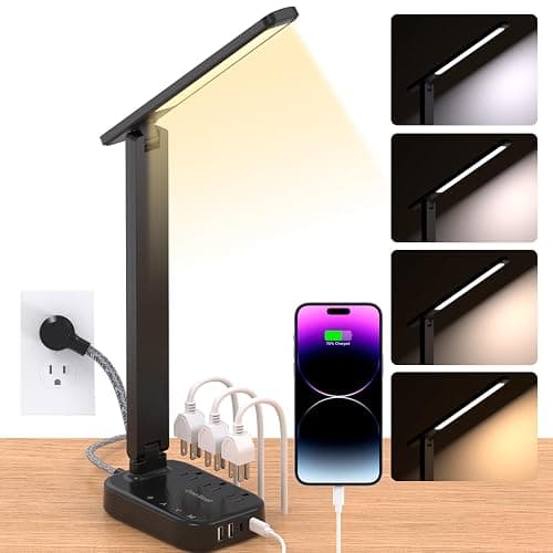 Power Strip with LED Desk Lamp, 10 Ft Extension Cord with 3 Outlets 4 USB Ports(2 USBC), 4 Modes 5 Level Touch Lamp Small Desk Lamps for Home Office College Dorm Room, Study Reading Light - BK - Image 1