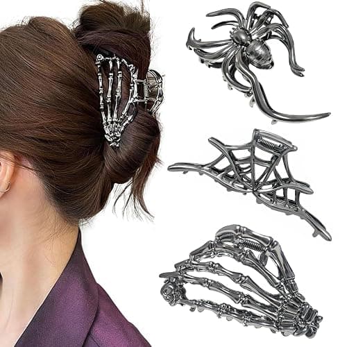 Parcce 3 Pieces Large Metal Spider Net Hand Hair Claw Clips for Women and Girls Thick Long Hair, Nonslip Skeleton Spooky Barrette Headband Hair Styling Accessories for Halloween Christmas Gifts - Image 1