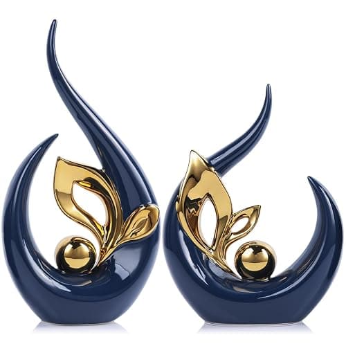 9.4" H Blue Gold Abstract Sculptures Home Decor, Ceramic Art Statue Cool Stuff to Put on Shelves&tv Stand Decor, Gold Accent Entertainment Center, for Fireplace Coffee Table Dining Table Decorate - Image 1