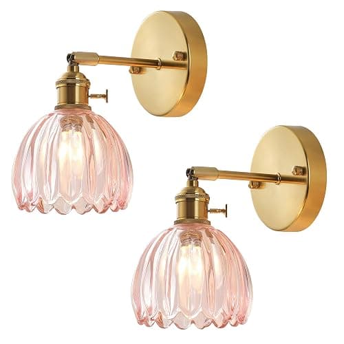 Plug in and Hardwired Wall Sconces, Luxury Vintage Tulip Crystal Glass Shade Wall Light with Switch for Bedside Bedroom Living Room (Tulip-Pink, 2) - 2 - Tulip-Pink - Image 1