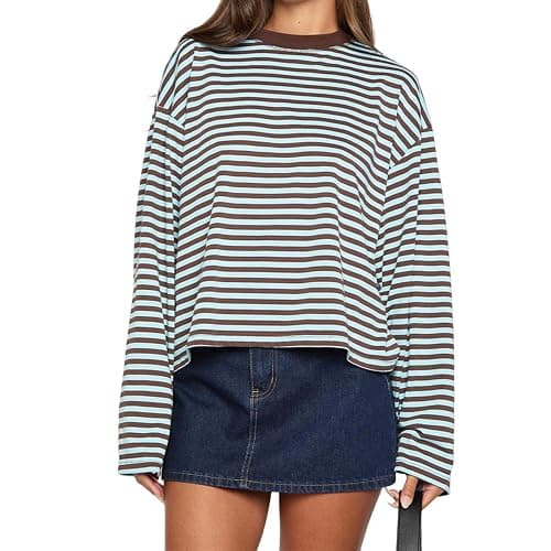 Foidiccx Striped Long Sleeve Shirt Women Y2k Oversized Crewneck Vintage Tops Fall Winter Drop Shoulder Cute Preppy Pullover - Image 1