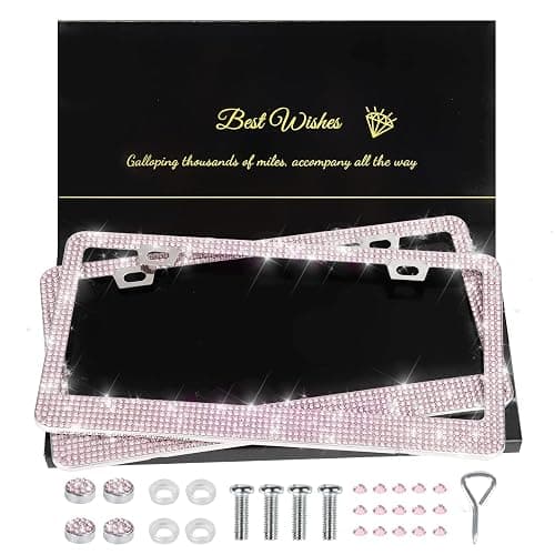 QUANQIUFEI 2 Pack Bling License Plate Frames for Women, Sparkly Rhinestone Diamond Car Accessories with Glitter Crystal Caps (Pink) - Image 1
