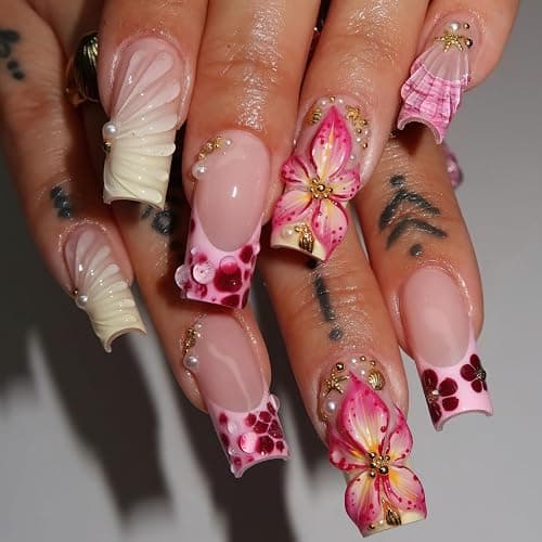 Jremg Flower Press on Nails Medium Long Square Fake Nails with Starfish Pearl Designs French Tip Coffin False Nails Reusable Luxury 3D Floral Acrylic Nails for Women 24Pcs - Image 1