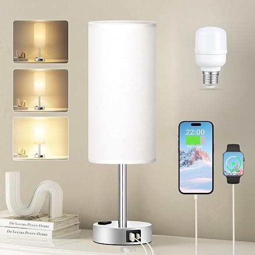 Fenmzee White Touch Bedroom Table Lamp - 3 Way Dimmable Bedside Lamp USB C A Charging Ports and AC Outlet, Small Lamp Nightstand with Silver Base for Living Room, Office Desk, LED Bulb Included - Image 1
