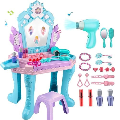 Kids Vanity Magic Makeup Table and Chair Set Girl Toys Mirror with Music Light Frozen Toys for 2 3 4 5 6 Year Old Girls Hair Salon Pretend Play Princess Dress Up Playset Gift Toddler 1-3 3-5 - Image 1