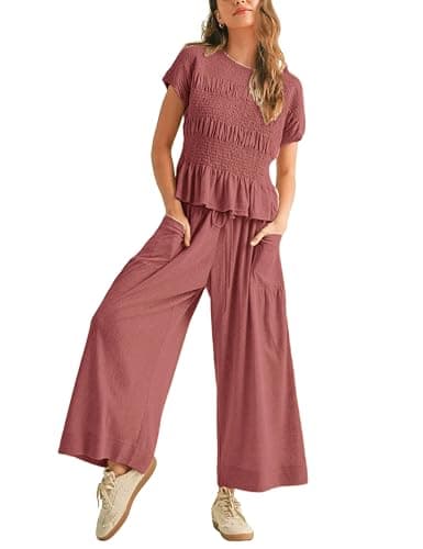 Antnation Womens 2 Piece Smocked Top Wide-Leg Pants Set High-Waisted Lounge Outfit with Pockets Casual Boho Matching Set - Image 1