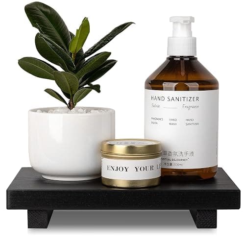 Bathroom Counter Organizer Wood Pedestal Stand Farmhouse Decorative Tray Soap Holder for Kitchen Decor, 9" x 6" - Black - Image 1