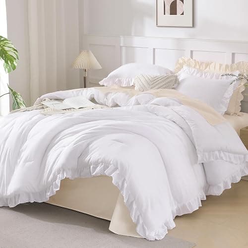 Andency White Comforter Queen Size, 3 Pieces Ruffle Shabby Chic Farmhouse Queen Comforter Sets, All Season Lightweight Fluffy Room Decor Bed Set for Girls Women Teens Gift Choice - Image 1