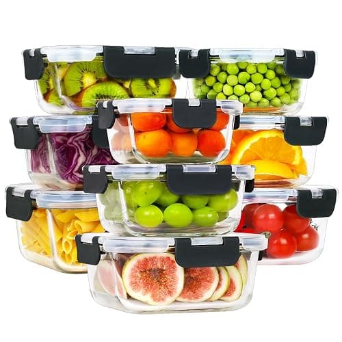HOMBERKING 18 Piece Glass Food Storage Containers with Lids, Glass Meal Prep Containers, Airtight Lunch Bento Boxes, BPA-Free & Leak Proof, Oven, Freezer and Dishwasher Safe (9 lids & 9 Containers) - Image 1