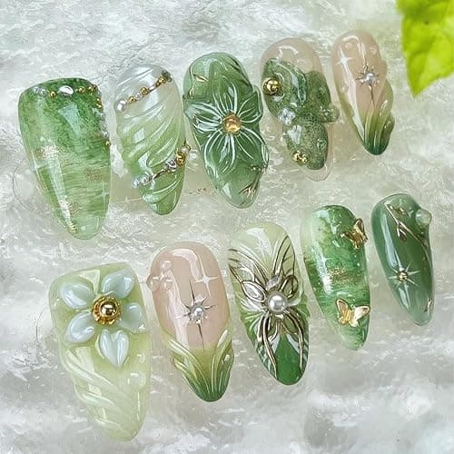 30pcs Green Press on Nails Medium Almond Fake Nails With 3D Flower Pearl Rhinestone Design Gold Beads Butterfly False Nails Star Glue on Nails 3D Summer Floral Full Cover Stick on Nails for Women - Image 1