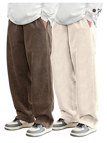 SOLY HUX Men's 2 Piece Corduroy Pants Drawstring Elastic Waist Straight Leg Baggy Pants with Pockets - Image 1