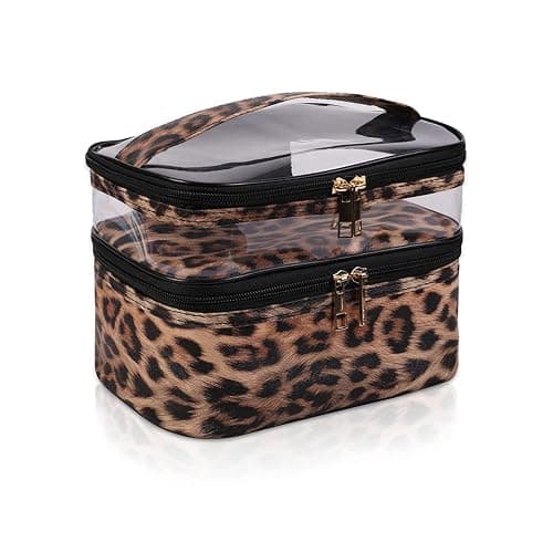 imerelez Double-layer Cosmetic Bag Makeup Bag Travel Makeup Bag Makeup Bags for Women Cosmetics Cases Portable Waterproof Foldable (Leopard) - Image 1