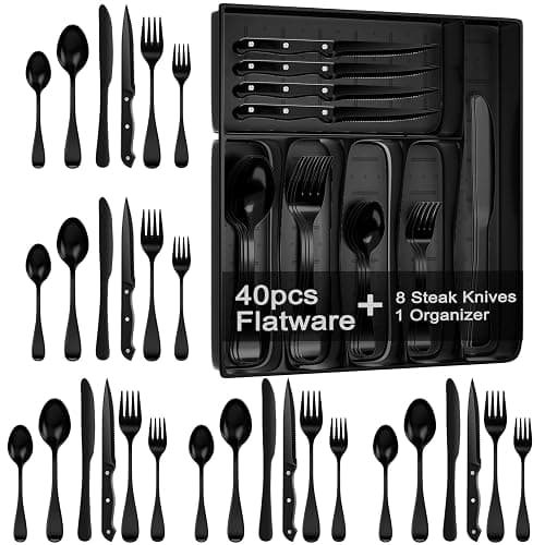 JUNLIN 49 Pieces Black Silverware Set with Steak Knives, Stainless Steel Silverware with Organizer Flatware Utensils Set for 8, Forks and Spoons Silverware Set Cutlery Set - Image 1