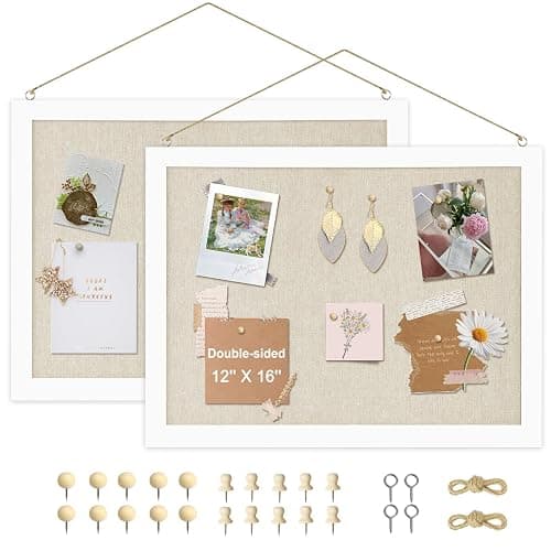 AMUSIGHT 2-Pack Double-Sided Cork Board with Linen, 16" x 12" Hanging Wood Framed Bulletin Board, Picture Display Vision Board Kit Corkboards for Wall School Office Decor, 20 Pushpins (Vintage White) - Beige - 2pcs - 16"x12" - Image 1