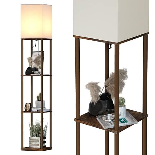 SUNMORY Floor Lamp with Shelves, Modern Square Standing Lamp with 3 Color Temperature Bulb, Corner Display Bookshelf Lamp for Living Room and Bedroom (Rustic Brown) - Image 1