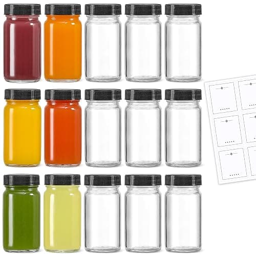 LANDNEOO 15 Pack 2 oz Glass Shot Mini Bottles w/Black Lids & 15 Labels - Small Clear Jar for Ginger, Wellness Shot, Juice, Sample, Whiskey - Travel Essentials - Wide Mouth, Leakproof, Dishwasher Safe - Image 1
