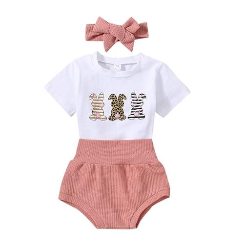 Fernvia Infant Baby Girls Easter Outfits Short Sleeve Rabbit Print Romper Elastic Waist Shorts with Hairband 3Pcs Clothes Set - Image 1