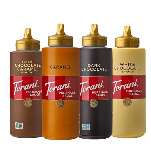 Torani Puremade Dessert & Drink Sauce Variety Pack, Chocolate Caramel, Dark Chocolate, White Chocolate & Caramel, 16.5 fl oz (Set of 4) - Image 1